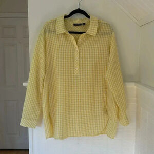 Susan Graver Weekend Yellow and White Gingham Blouse with Button Detail, Large